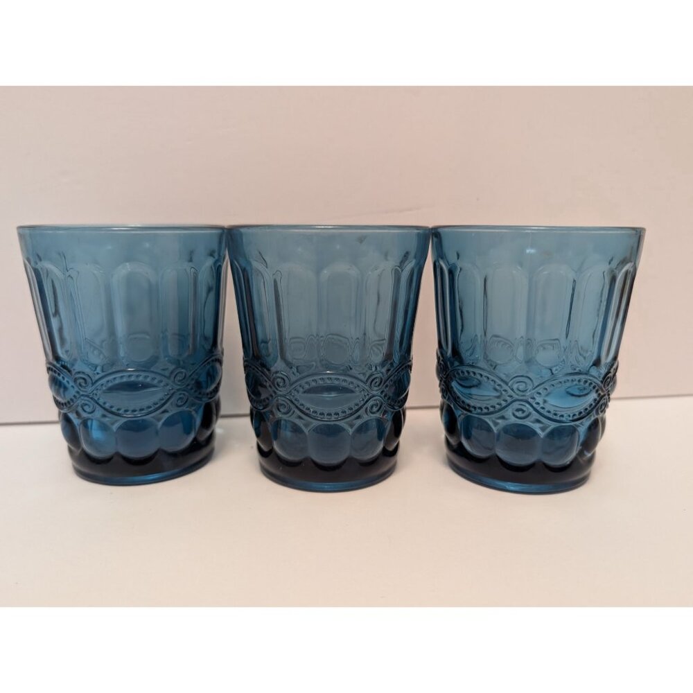 Set Of 3 Vintage Mosser Eye Winker Blue Glass Tumblers  Elegant Patterned Design